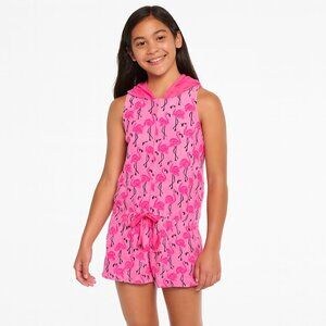 Justice Graphic Romper Hoodie Sleepwear Pink Black Girls 10 Flamingos